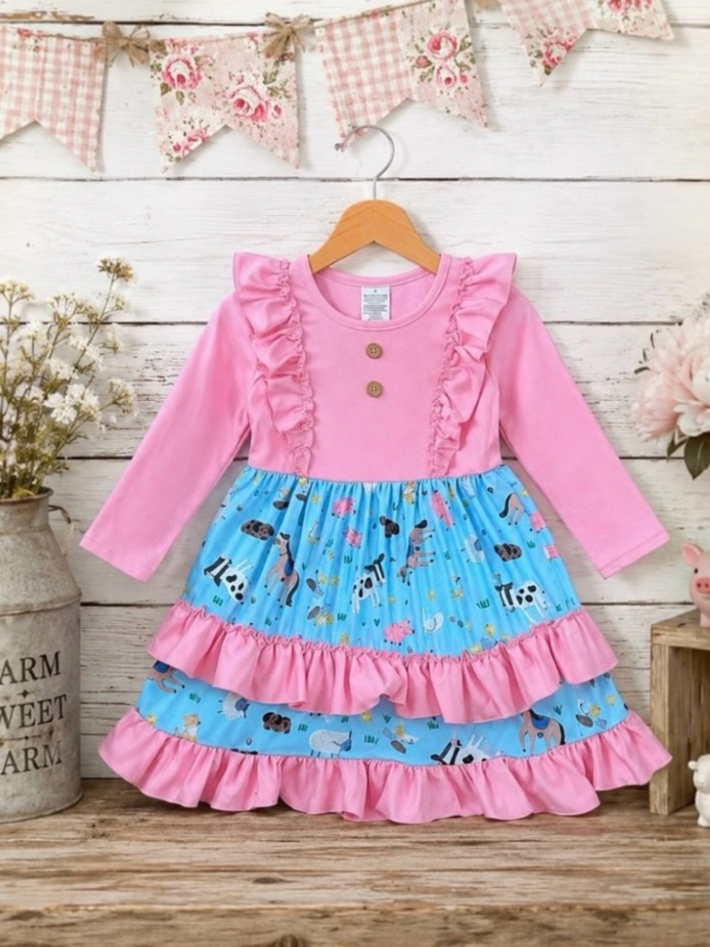 Boutique Farm Animal Ruffle Dress Pink Blue Cow Pig Horse Girls Size 3 New